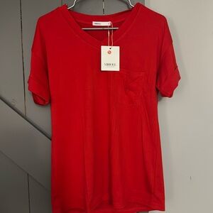 MIHOLL Women's V-Neck Red Short Sleeve Tee - Casual & Loose, S